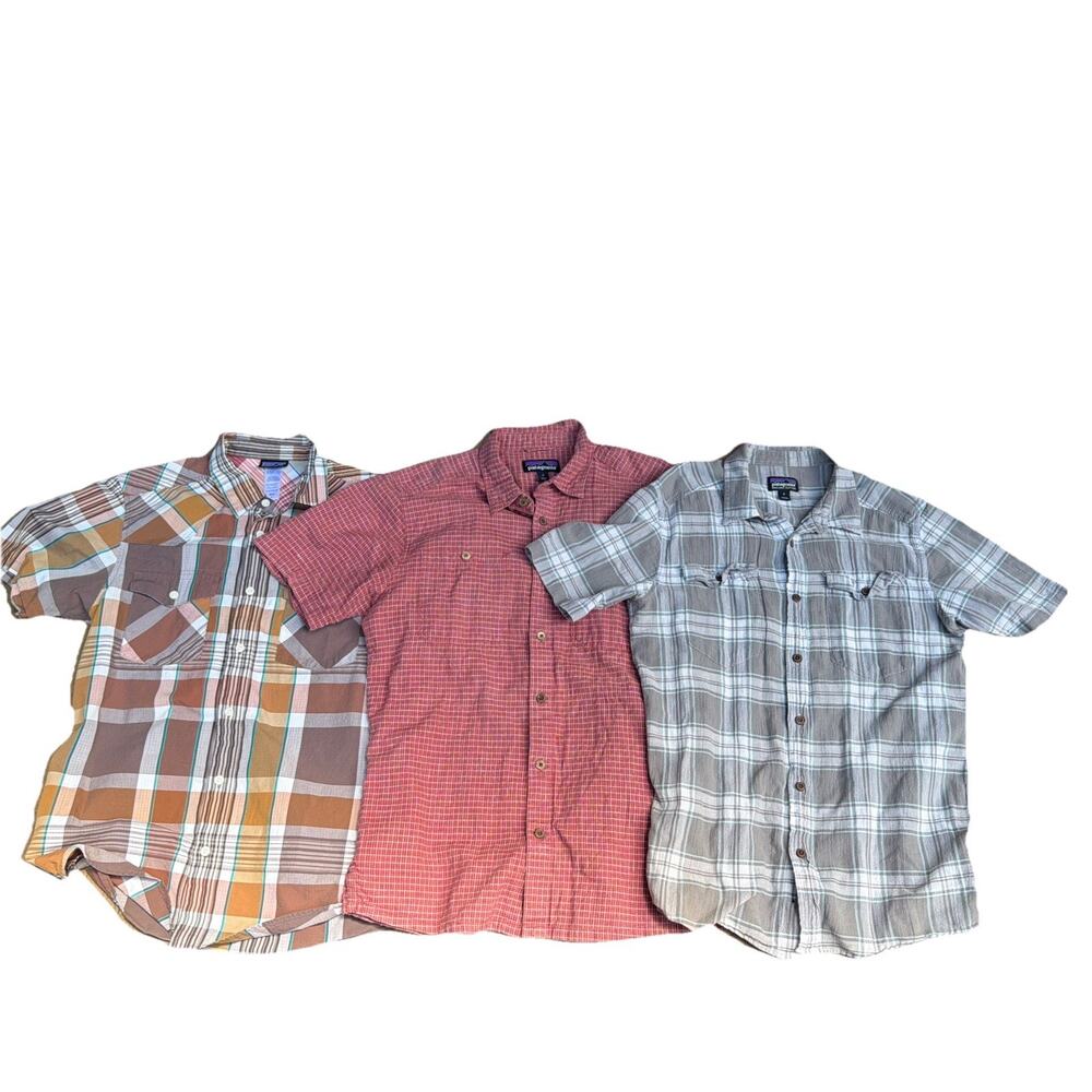 3 Patagonia Men's Small Button Up Short Sleeve Striped Flannel Summer Organic
